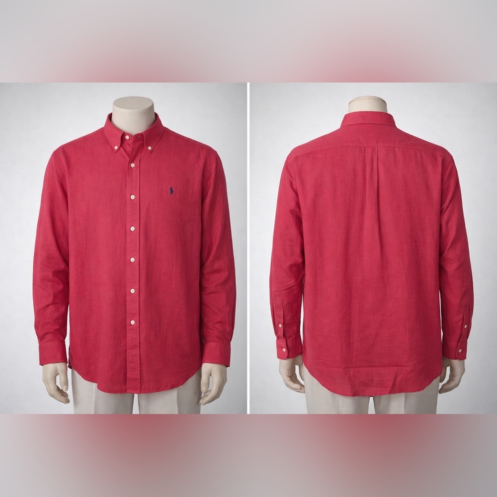 Ralph Lauren XL red Button Down Shirt Blue Pony 100% Cotton Long Sleeve